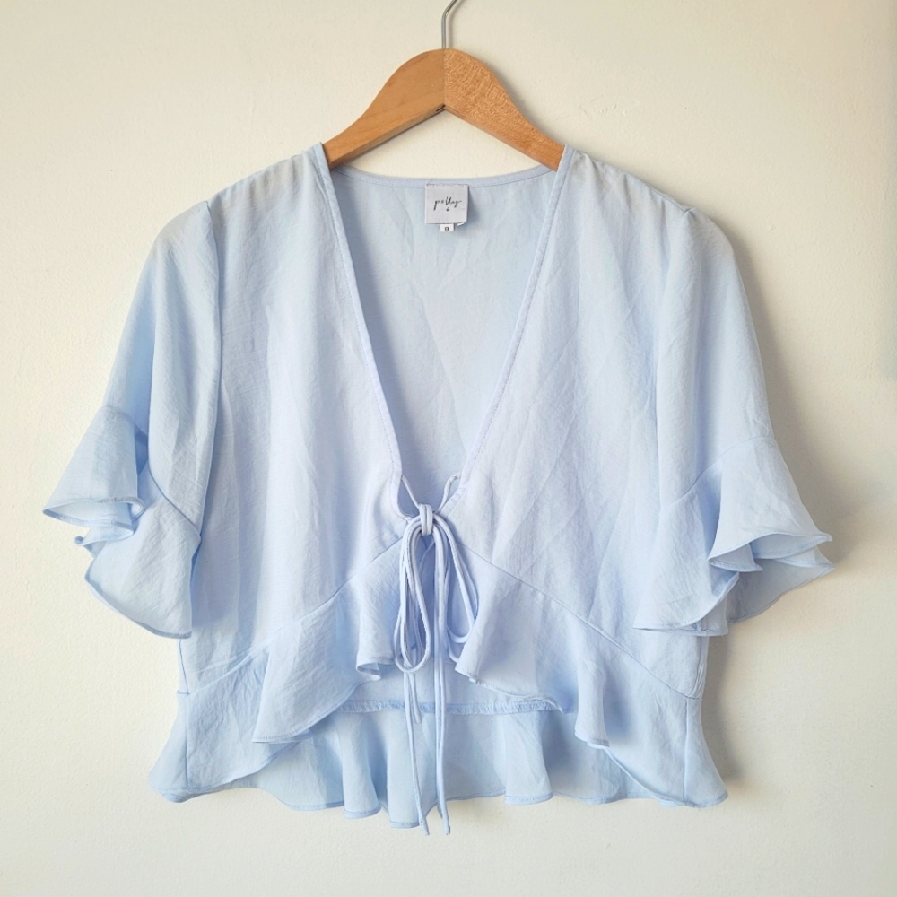 Princess Polly Felicity Sinclair Tie Front Top Baby Blue Size 8 Ruffle Sleeve - Picture 4 of 11